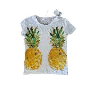 Chaser Womens Pineapple Graphic T-Shirt White Size S White Fruit Print Tropical